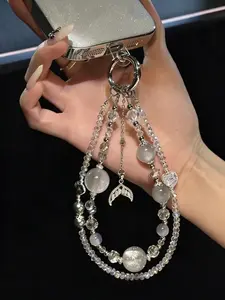 Elegant Crystal Fish Tail Phone Chain, Style Mermaid Tail Keychain, Polished Beaded Bag Charm, All Seasons Accessory
