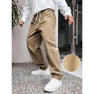 Men's Mid-Rise Corduroy Straight-Leg Trousers, Loose Fit Textured Embroidered Mens Pants with Pockets. Soft All-Season Casual Bottoms Suitable for Daily Leisure and Commute Wear