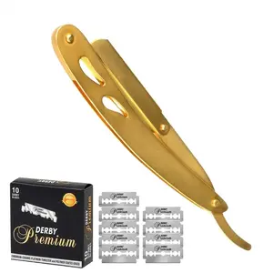 Gold Straight Razor Stainless Steel with 10 blades Single Edge Barber Shaving Razor for Men Professional Cut Throat Reusable Razor for Beard Shaper