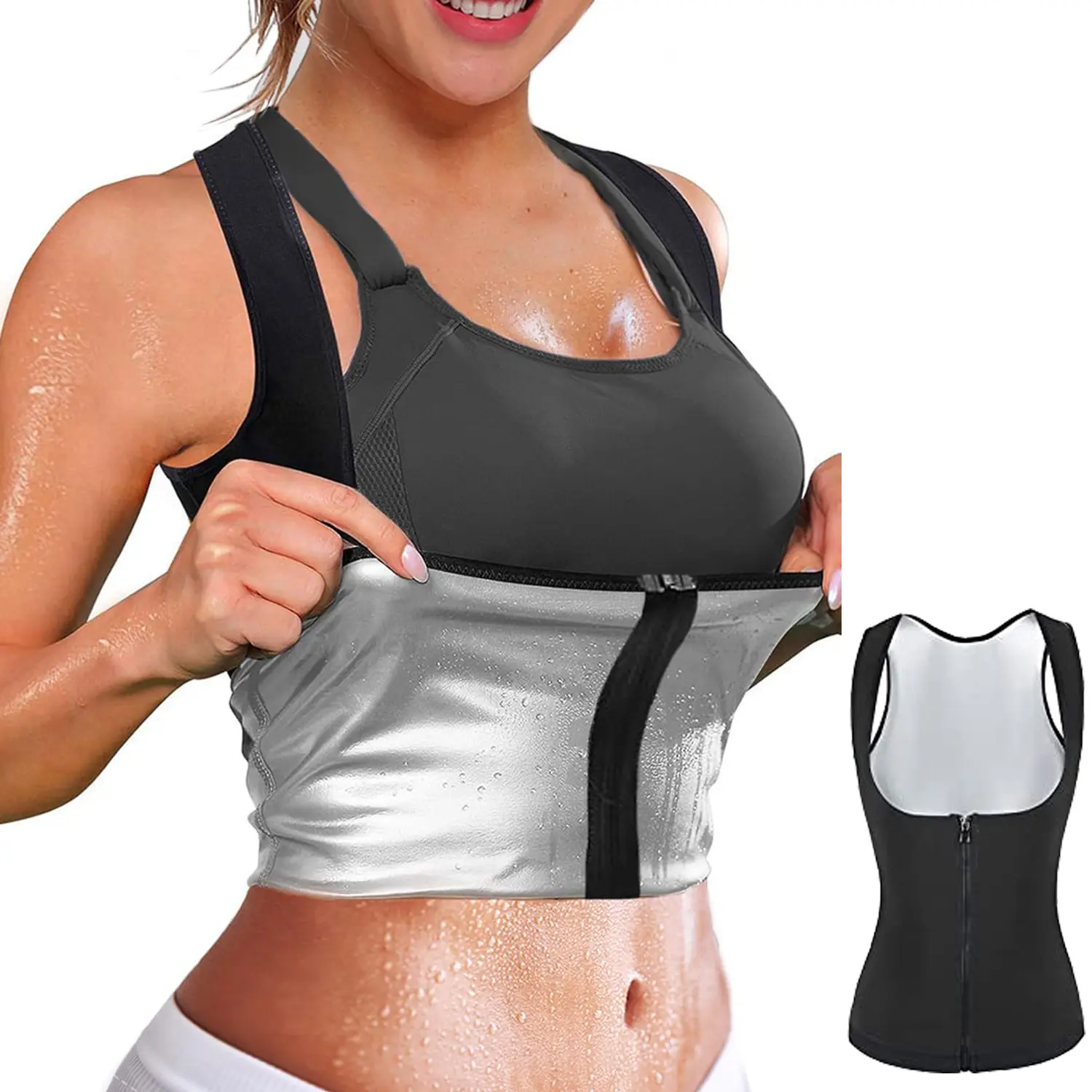 Sauna Suit for Women Sweat Tank Top Shaper with Zipper Waist Trainer Sweat Vest Gym Sports Workout Sleeveless Shapewear Tops Fitness Clothes Fitness Apparel