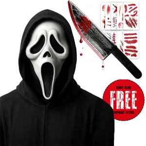 Screamer Ghost Hooded Mask with Red Splash Knife Prop with FREE Scars| Scary Halloween Costume Set | Killer Cosplay Mask & Plastic Dagger | Horror Movie Mask for Teens & Adults | Creepy Scary Mask & Knife Duo | Halloween 2025 Set