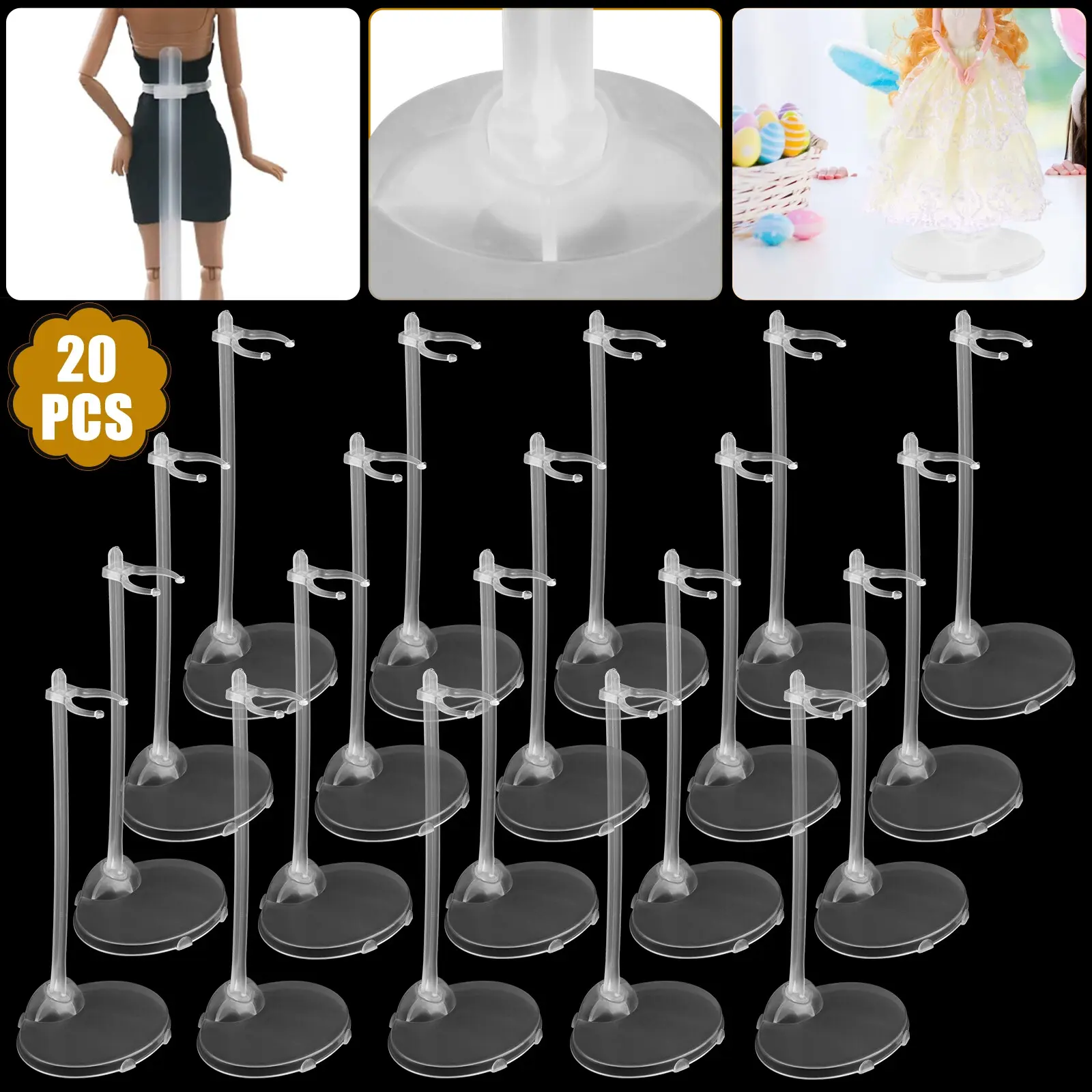 20-Set DIY Transparent Doll Stand Display Holder, Adjustable Waist Clip Model Rack Support for 11"-13" Figures, High-Quality Plastic Perfect Gift for Doll Making Enthusiasts
