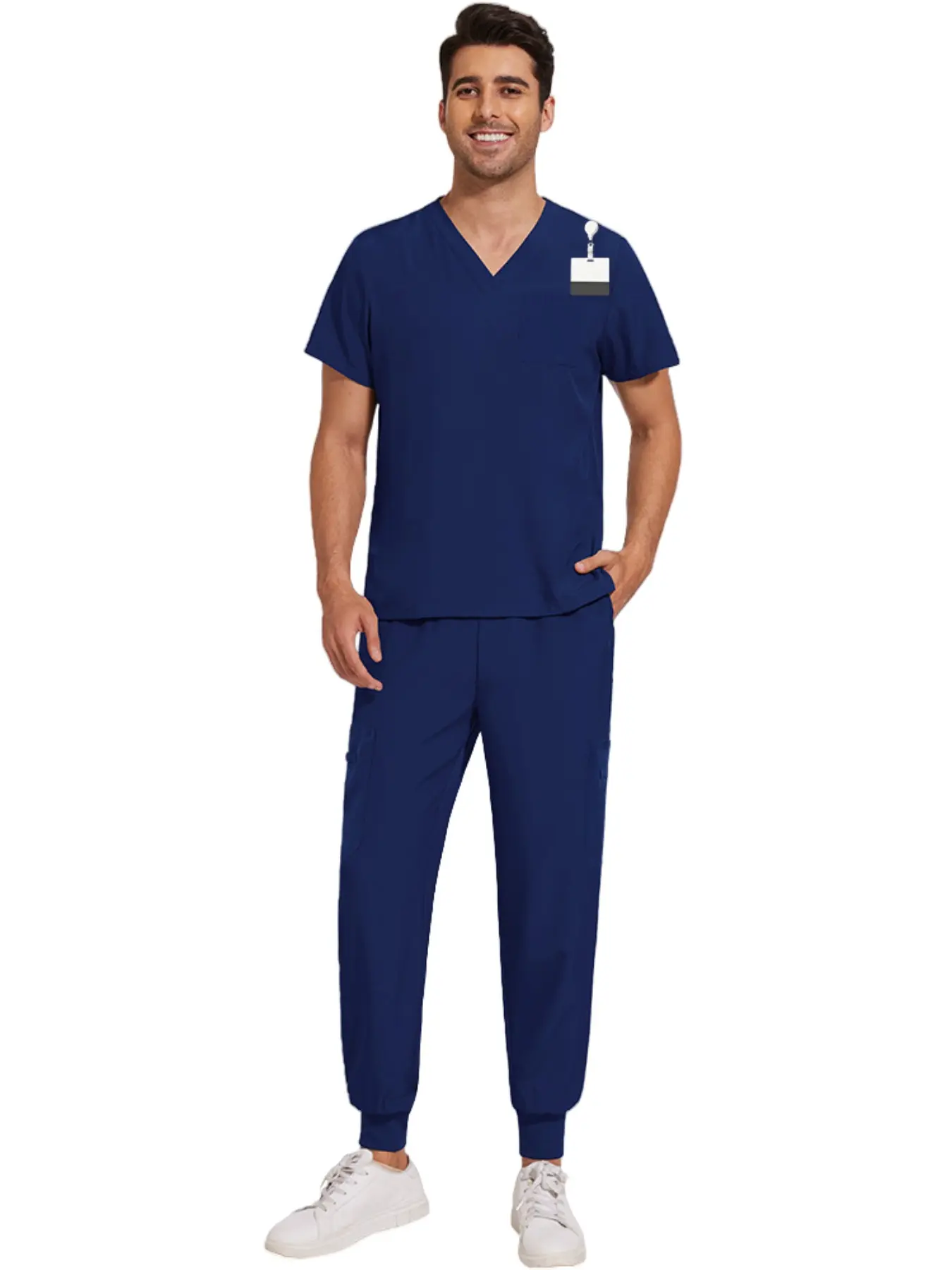 Workout Healthcare Scrub Set for Men, Casual Clothes V-Neck Top with Straight Leg Pants, Stretchy Breathable Workwear Uniform for Pet Hospital Vet Spa Nursing Home