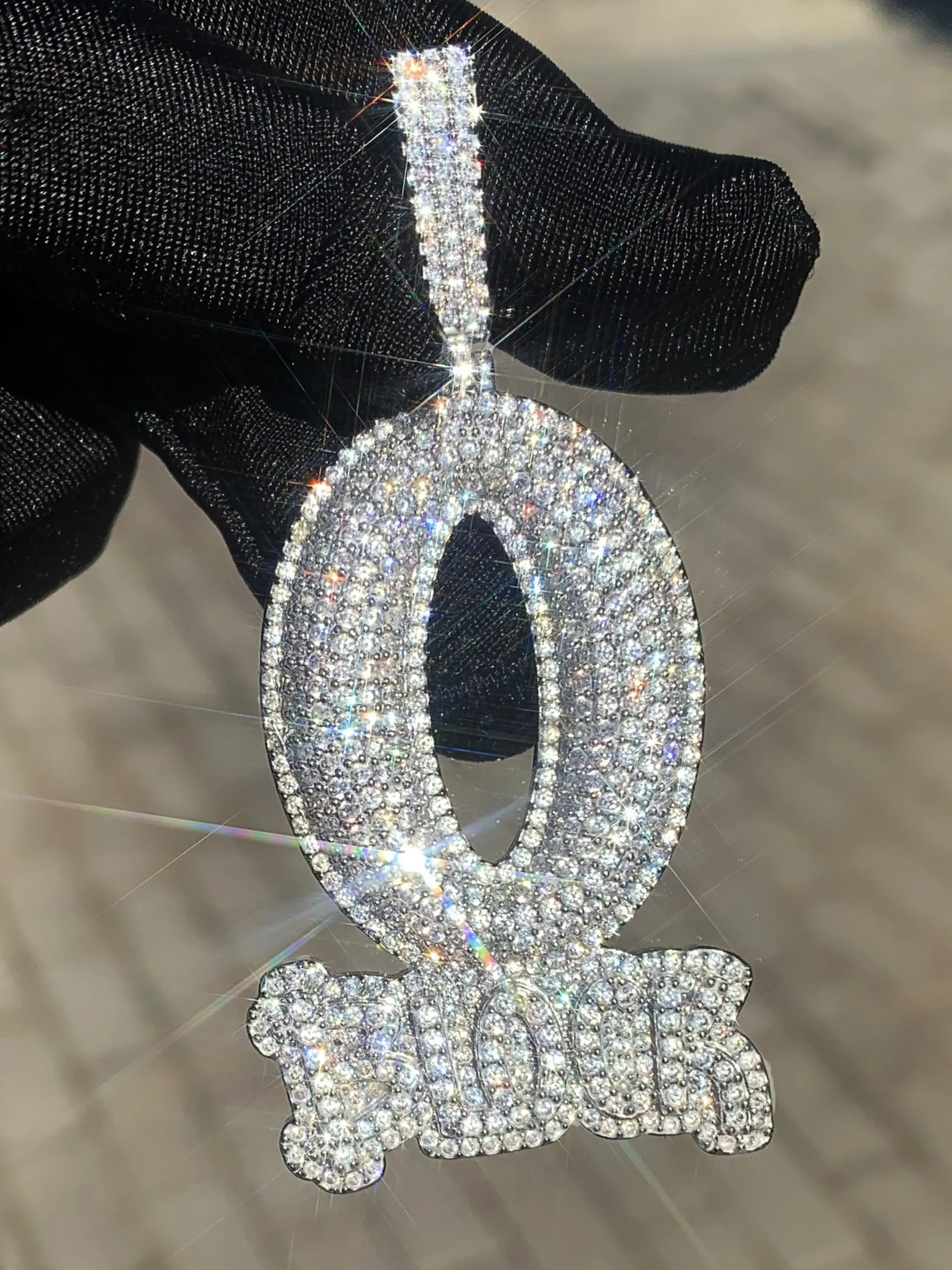 Iced Out Initial Letter O block Pendant Necklace, Fashion Pendants, Fashion Alphabet Pendant, 14K Silver Plated Cubic Zirconia Iced Full Micro Paved CZ Bling with Ribbon Charm, Hip Hop Alphabet Jewelry for Men Women, with Rope Chain, Gift