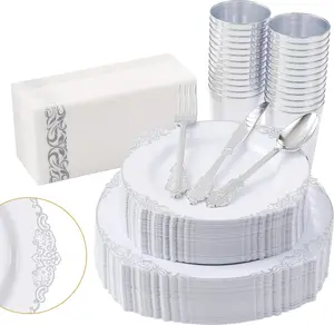 350 count  Plastic Plates,  Disposable Dinnerware set for 50 Guests, Include: 50 Dinner Plates, 50 Dessert Plates, 50 Plastic Silverware Set, 50 Napkins & 50 Cups for Wedding, Party