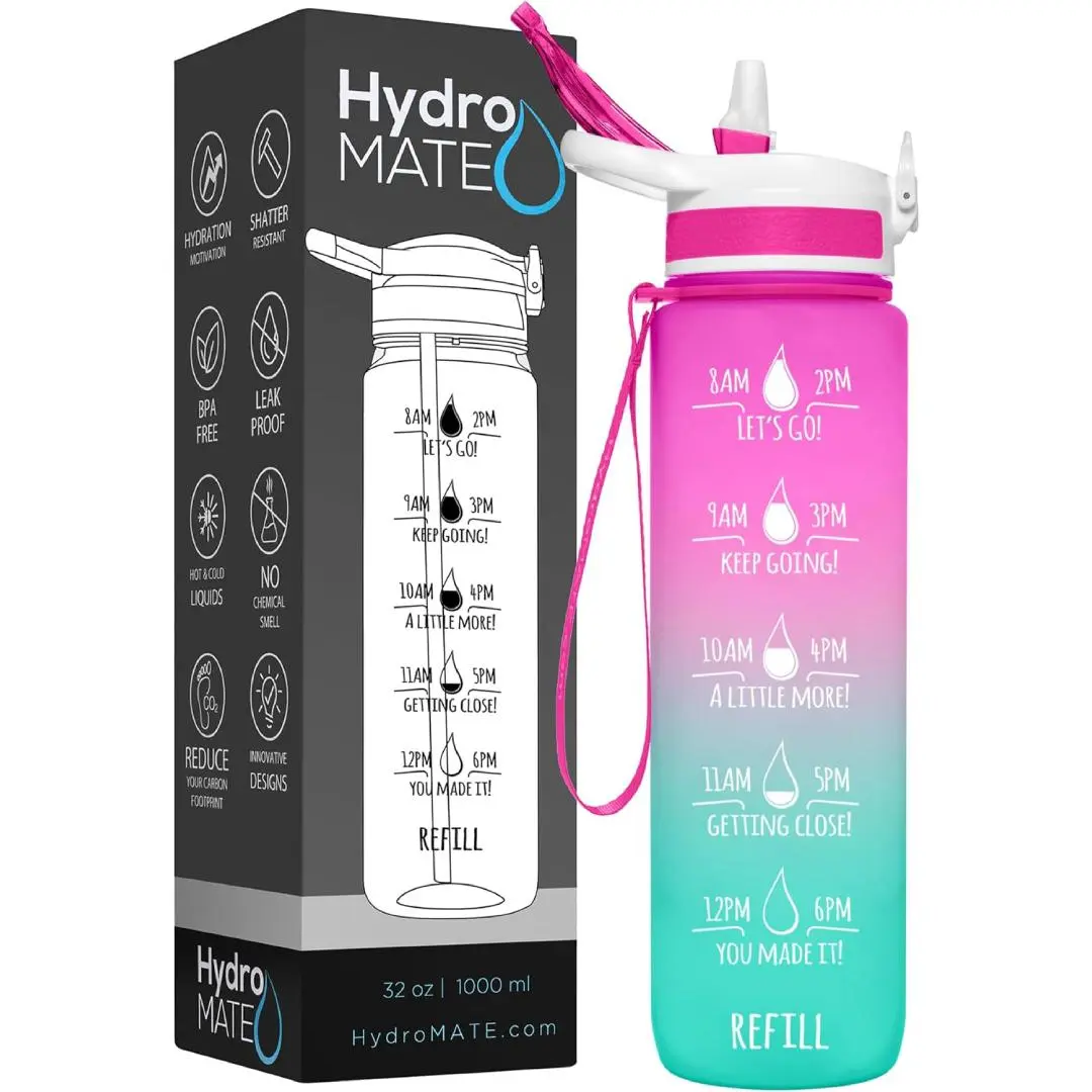 32 oz Water Bottle with Time Markings & Hourly Tracker | BPA Free Reusable Leak Proof Sports Jug with Straw & Carrying Strap | 1 Liter Motivational Fitness Bottle for Gym, Office & Outdoor | Eco-Friendly Non-Toxic Plastic Drinkware for Hydration