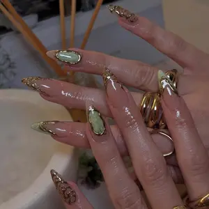 Lux Green Marble Press On Nails/Handmade Gel Nails In Long Almond/Glue On Nails/Summer Nails/Birthday Wedding Prom Faux Nails/Gift for Her