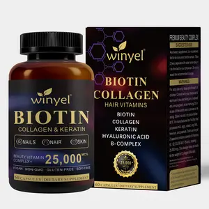 Winyel Biotin Collagen Hyaluronic Acid Keratin 25000mcg Vitamins B1 B2 B3 B6 B7 for Women Men 60 Capsules Hair Skin Nails Support