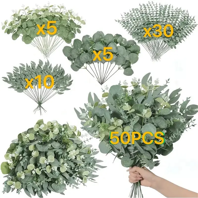 Artificial Eucalyptus Leaves and Stems, Fake Plant Decoration, Realistic Feel, Natural Look, Suitable for Bouquets, Home Decor, Events, 50pcs, Multiple Colors, Plastic Fake Greenery