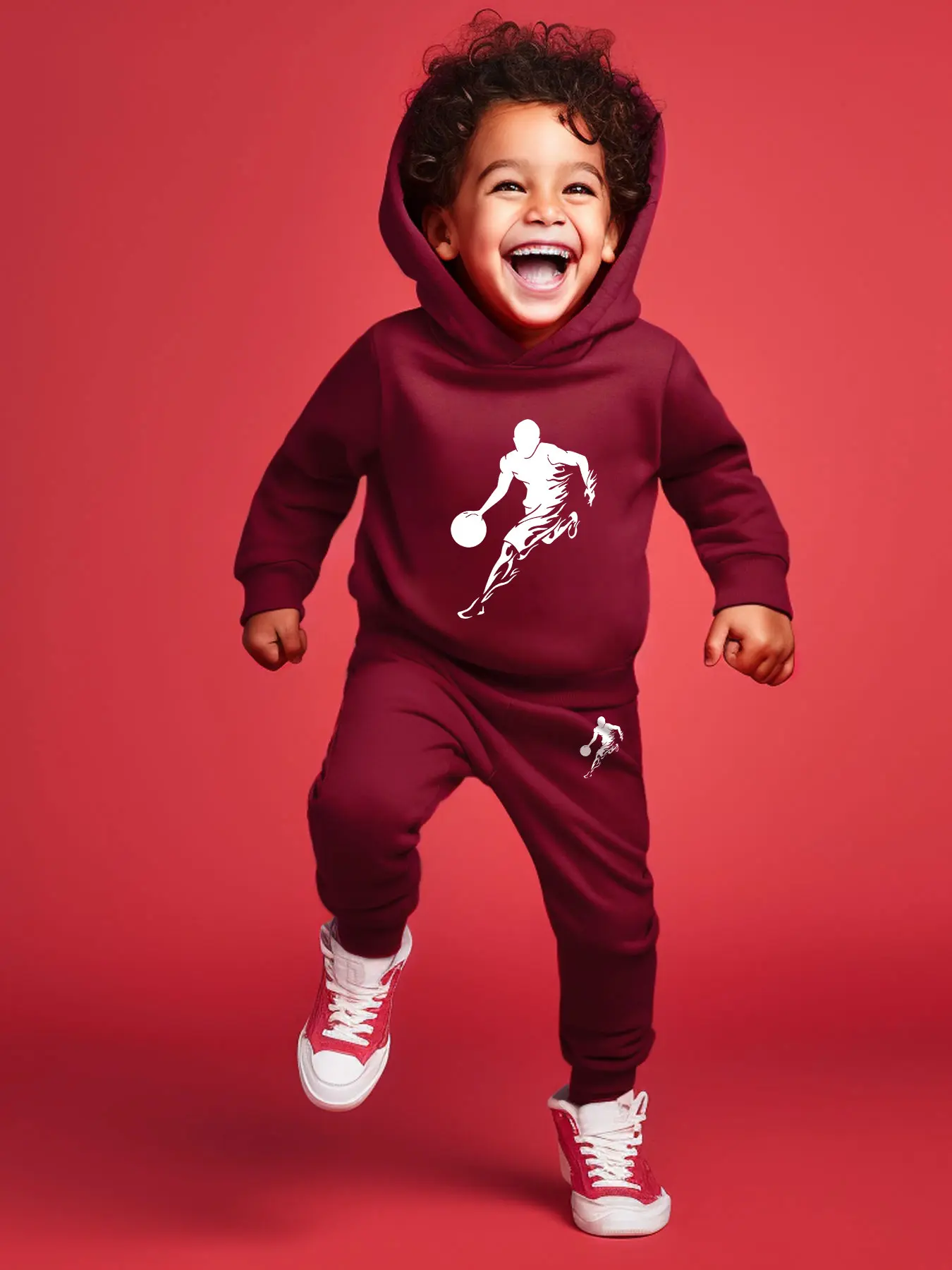 Boys Fashion Fall Winter Hooded Set Suit, Random Print Set, Graphic Print Set, Youth Kits, Casual Fitted Long Sleeve Top, Basketball Player Print Pullover, Outdoor Essential, Hoodies, Sweatshirts, Sportswear Set, Active Set, Knit Set