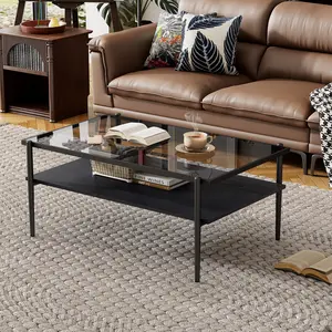 Modern Gray Glass Coffee Table with Black Legs - Rectangular Indoor Living Room Center Table for Home Decor, 38.39x24.21x17.72in