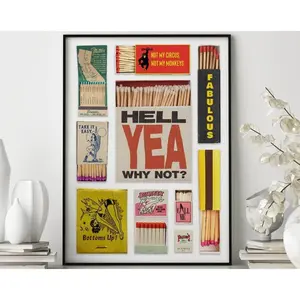 Trendy Matches Poster, Vintage Matchbox Print, Retro Matchbook Wall Art, Girly Aesthetic Print for Apartment