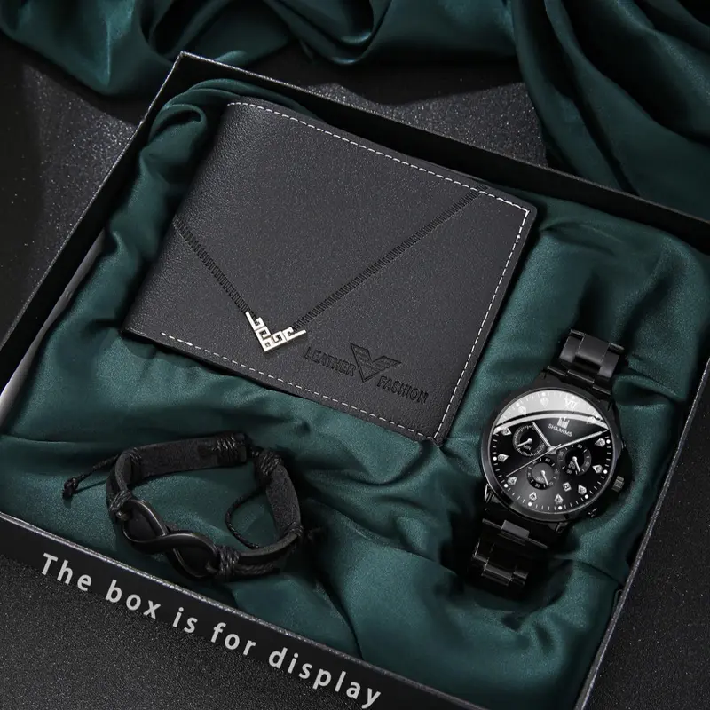 Men's Business Fashion & Wallet & Bracelet Set, Business Analog Quartz Watch, Fashion Watch Set for Party, Daily Clothing Decor, Trendy All-match & Exquisite Watch Set for Birthday Gift, Fashionable Stylish Watch Display, Accessories
