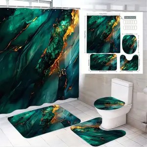 1/4pcs Teal & Gold Marble-Patterned Bathroom Set, Bathroom Decoration Accessories, for Luxury, Shower Curtain (70x72) + 24x36 Bath Mats + 15x15 Toilet Lid Cover + 12x12 Oval Rug, Perfect for Housewarming Decor