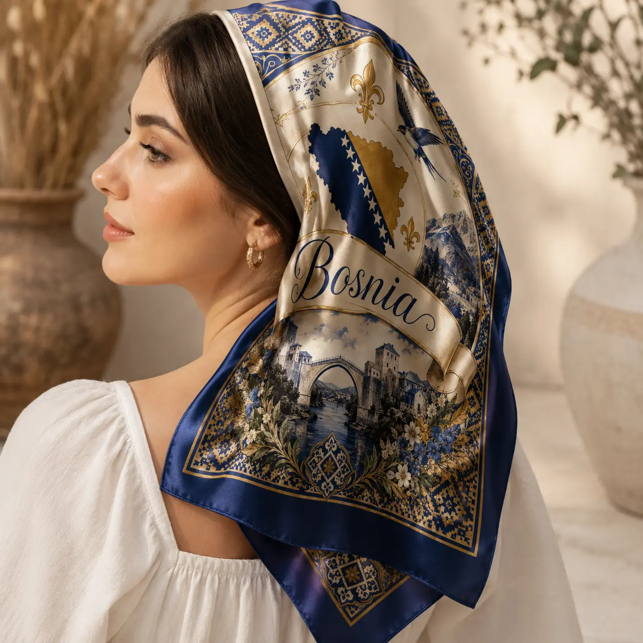 Personalized Bosnia Satin Bandana Scarf, Bosnia Bandana, Soft Bosnia Flag Pattern Scarf Headwear, Bosnia Soccer Festival, Personalized gift