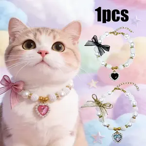 Pet Heart Bow Pearl Necklace, Adjustable Cat Collar, Dog Neck Chain, Pet Photo Prop, Holiday Gift, Fashion Pet Accessory