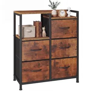 Sweetcrispy 5-Drawer Fabric Bedroom Dresser - Multiple Storage Drawers Organizer with 2-Tier Shelf, Wood Cabinet Indoor Furniture for Bedroom, Hallway Room Storage