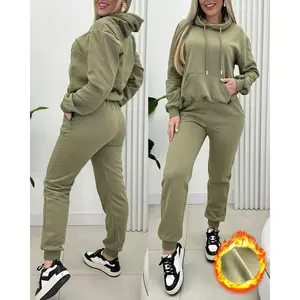 2026Womens 2 Piece Outfits Lounge Kangaroo Pocket Design Fleece Lined Hoodie Jogger Cuffed Sweatpants Tracksuit Sweatsuit Set Casual Outings Adjustable Relaxed Athleisure Wear