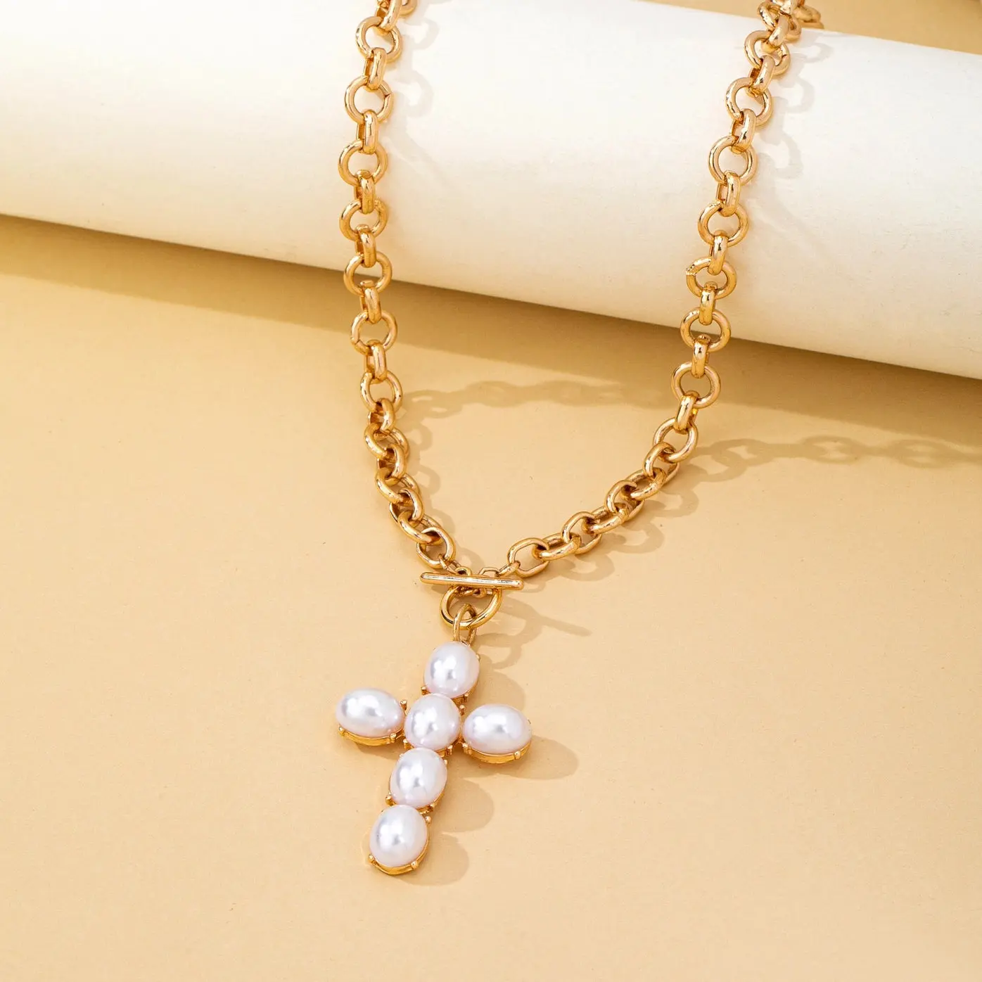 Large Pearl Cross Toggle Necklace