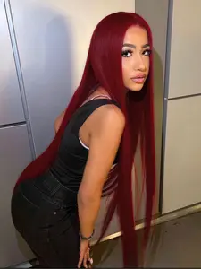 32 Inch Burgundy Straight 13x4 Lace Front Wigs HD Transparent Lace Frontal Wig Pre-Plucked Natural Hairline Synthetic Wig Free Part Straight Wig for Women Everyday Wear