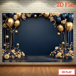 Birthday & Party Celebration Backdrop – Navy Blue Gold Theme Tapestry, Wall Hanging, Photography Background, Polyester HD Print, Studio, Home, Event, Decor