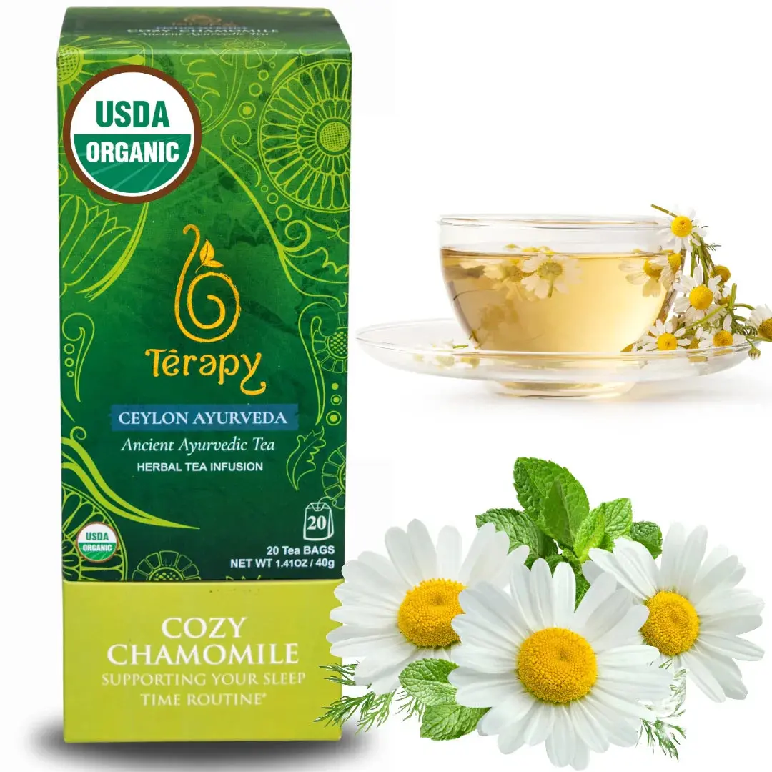 Cozy Chamomile Tea by Terapy Ceylon | Ayurveda Herbal Tea | Helps relieve stress and a good night's sleep | All Natural Ingredients | 20 bags