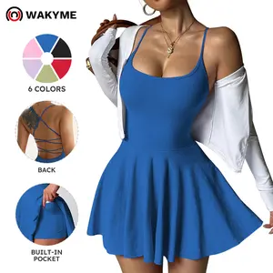 Women's Seamless Solid Color Crisscross Back Athletic Dress with Side Pockets – Bodycon Stretch Yoga & Workout Sport Dress for Tennis, Gym & Casual Wear