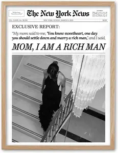 Home Decor Spirit Trendy Newspaper Wall Art, 12x18 in Mom I Am a Rich Man Canvas Art, Magazine Girly Poster College Dorm Decor, Beige Logs Set of 1 for Bedroom Living Room UNFRAMED