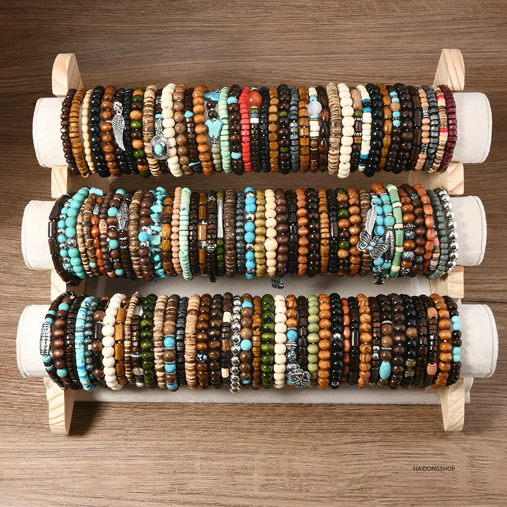 Stackable beaded bracelet set, 45 pieces handmade boho natural wooden bead elastic stretch wrist jewelry, aesthetic matching couple accessory, ideal meaningful anniversary gift for everyday wear, festivals, vacations, and casual outfits
