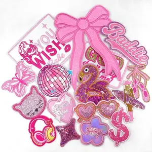 16Pcs Sequins Iron on Patches Pink Y2K Coquette Embroidery Applique Glitter Shiny Decoration DIY Accessories for Hats Jeans Clothing Jackets Bags