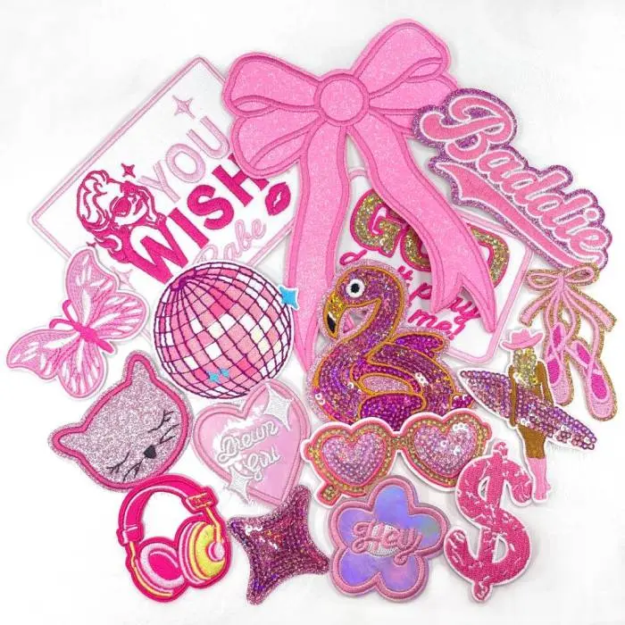 16Pcs Sequins Iron on Patches Pink Y2K Coquette Embroidery Applique Glitter Shiny Decoration DIY Accessories for Hats Jeans Clothing Jackets Bags