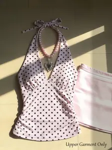 Korean Ins Style Pink Polka Dot Halter Top Bow Tie Waist Slim Fit V-Neck Coquette Sleeveless Tank Top