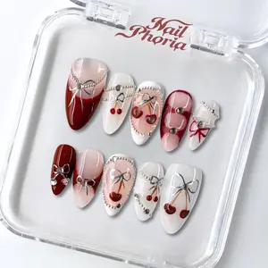 NailPhoria CHERRY DELIGHT - Handmade Press-On Nails | Reusable, Salon-Quality, Long-Lasting, Glossy Design