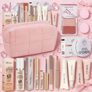 10 Piece Romantic Makeup Set, All-in-One Makeup Bag, Foundation, Setting Powder, Multifunctional Blush, Lip Gloss, Lash Primer, Contour Stick & Sponge, Gift for Wedding Season/Gift-Giving Season