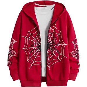 Men Y2K Fashion Hoodie Red Spider Web Print Zip Up Hoodie Clothes Hoodies Goth Long Sleeve Sweatshirt Oversized Top Men Clothing