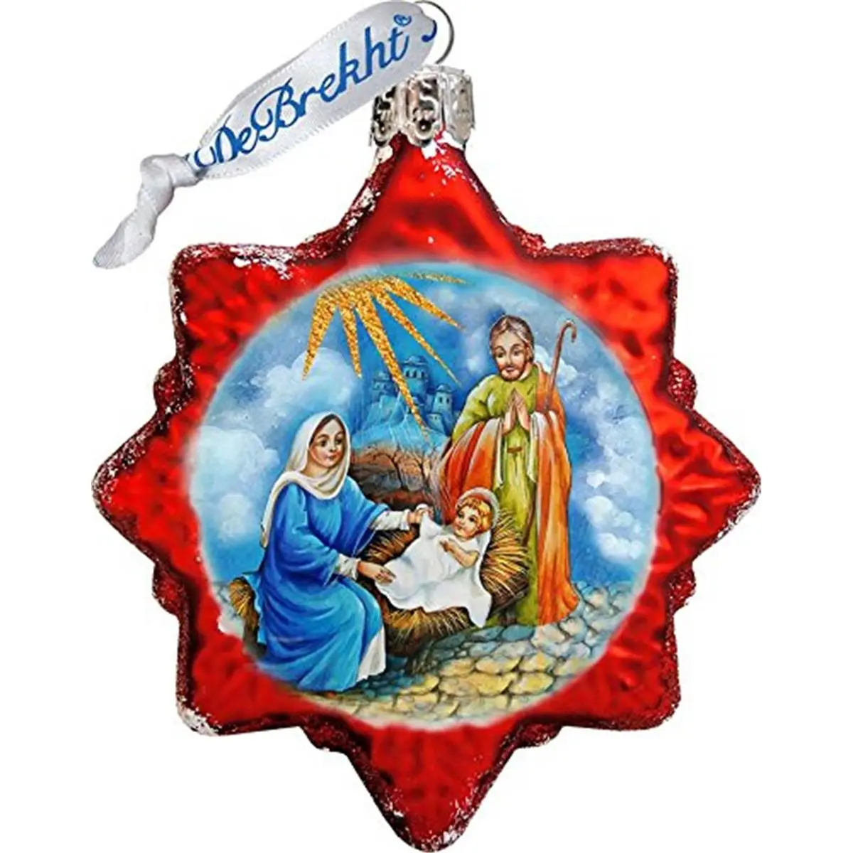 GDeBrekht 772018 Traditional Artistic Painted Satin Transparent Small Nativity Glass Ornament, 3x1x3.5 in, Golden Tree Decor, Festive Home Religious Decor, Ideal Holiday Gift with Box