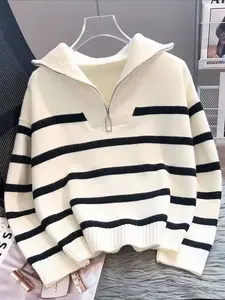 Women's Striped-Print Drop-Shoulder Sweater with Half-Zipper, Casual Long-Sleeve Collared Jumper for Daily Outdoor Wear, Knitwear for Fall & Winter, National Day Outfit