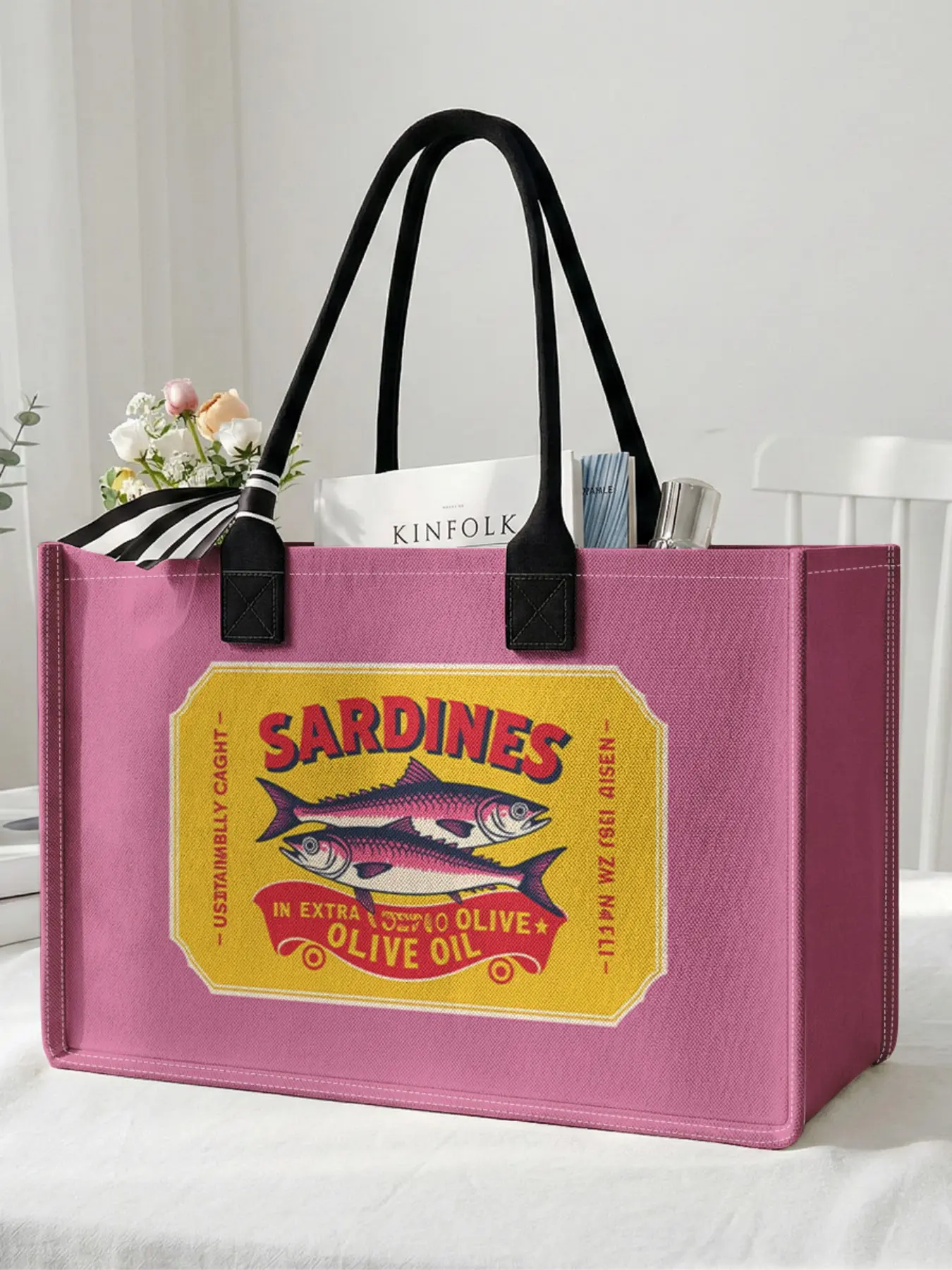 1 piece of sardine can pattern + 'SARDINES' 2D printed large capacity storage bag, extra large storage bag, sturdy handle, space-saving multi-purpose, suitable for use at school, on business trips, and shopping, Tote Bag, Reusable Bags