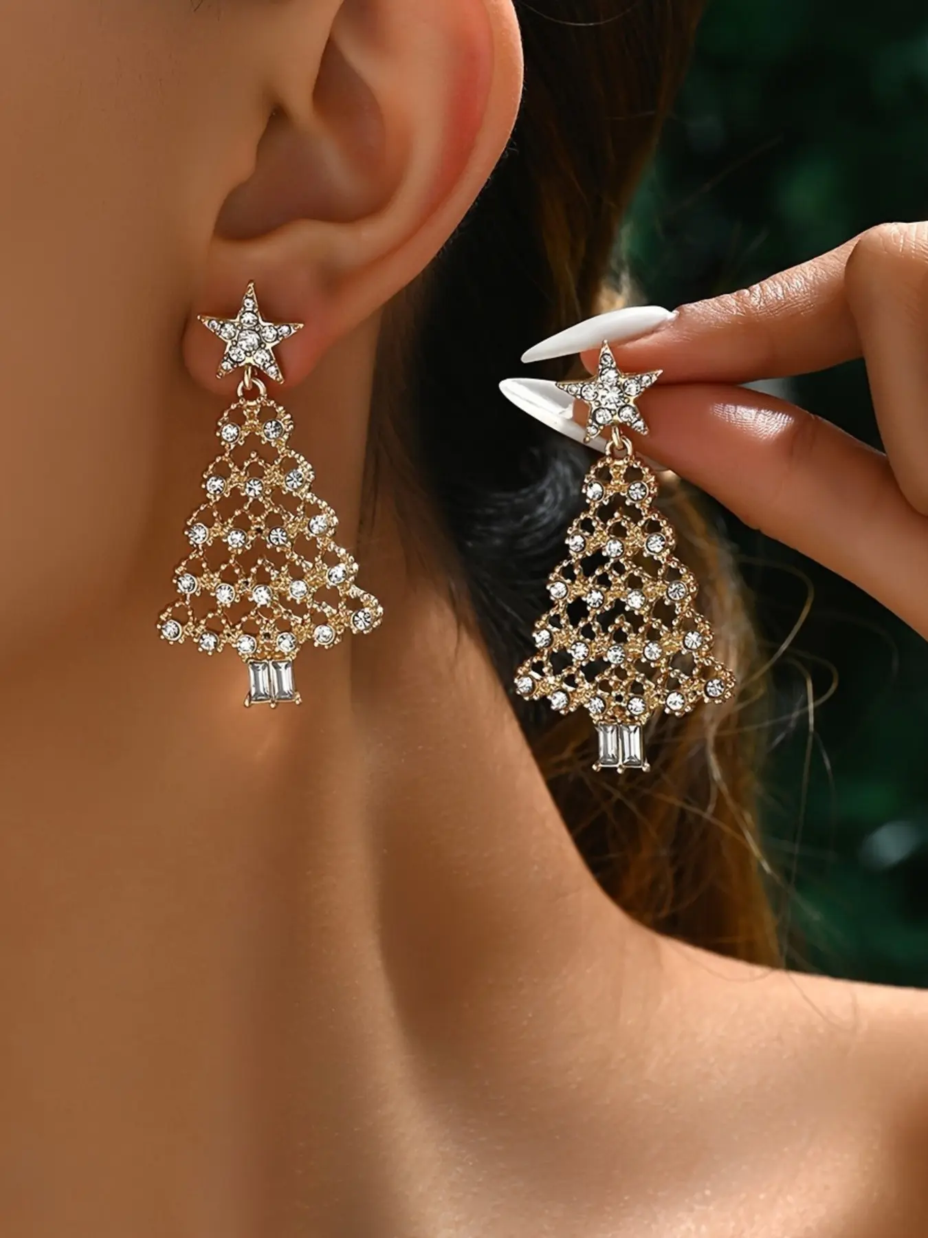 Women's Fashion Dangle Earrings, Statement Earrings, Rhinestone Earrings, Hollow Out Star Christmas Tree Design, Synthetic Zircon Inlay, Ideal Christmas Gift, Artificial Zircon Earrings