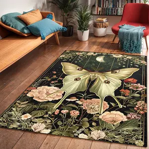 Vintage Butterfly Print Decorative Area Rug, Foldable Carpet for Living Room & Bedroom, Plush Non-Slip Mat for Home, Floral Washable Rug