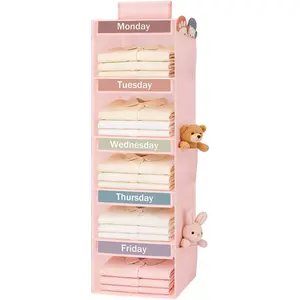 Weekly Clothes Organizer for Kids, 5-Shelf Kid Closet Organizer w/ 6 Side Pockets, Labeled Weekly Outfit Organizer for Kids, Days of The Week Clothes Organizer Monday Through Friday Pink