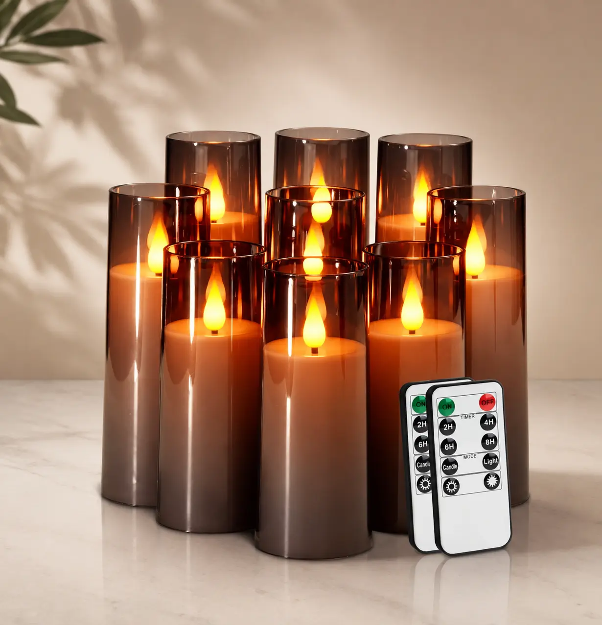 Grey Cylindrical Flameless Pillar Candles Set of 9 - Battery-Operated with Remote Control Timer, Dimmable 3D Wick Warm Yellow LED, Auto-Shut-Off, Various Sizes (D2.2 x H5/6/7 in), Halloween Decorations, Festive Holiday Bars Decor with Flameless Glow, Ligh