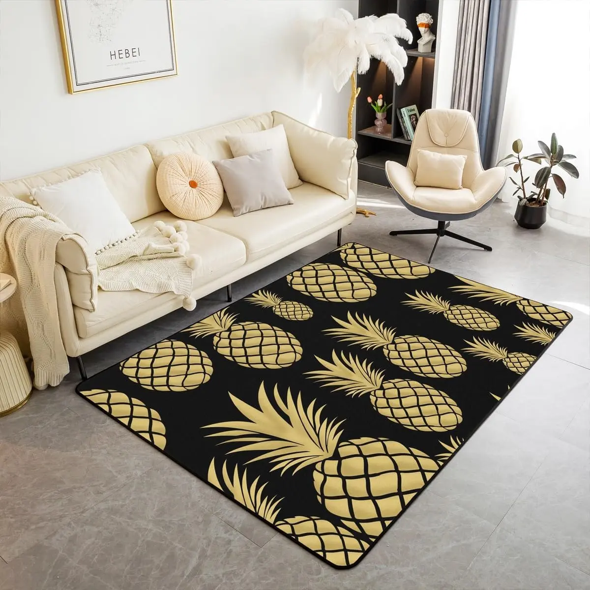 Pineapple Area Rug 4x5 Tropical Fruit Print Floor Mat for Home Decor Durable Indoor Entry Rug Accent Rug Mats Black Golden Pineapple Entrance Rug Soft Carpet for Livingroom,Laundry,Bedroom