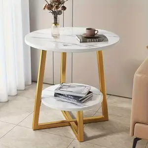 Modern 2-Tier Metal Coffee Table with Storage Shelves - Compact Round Side Table for Living Room, Balcony, or Bedroom, White Marble Top, 3 Color Options