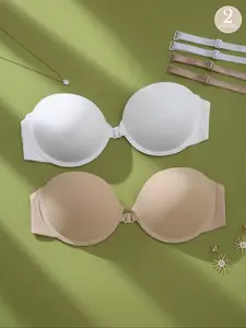 Women's Front Buckle Strapless Bra, Push-Up Underwire Backless Seamless Minimalist Design, Medium Support, All-Season Everyday Wearable, Sexy Plain Pattern