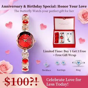 Clvmu Kiai Fashion Rhinestone Decor Stainless Steel Watch & Jewelry Set Necklace Earrings Ring Romantic Gift Box for Women Birthday Anniversary Mother's Day Present