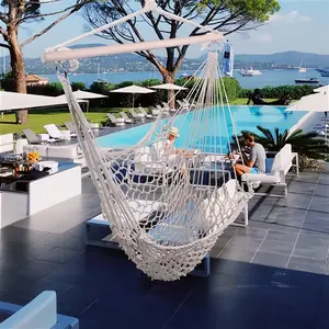 Bohemian Style Macrame Hanging Chair Portable Tree Hammock 49"X35" Cream Cotton Rope Swing With Wooden Bar For Bedroom Outdoor Garden & Balcony Decor Durable Canvas Fabric Single Hammock
