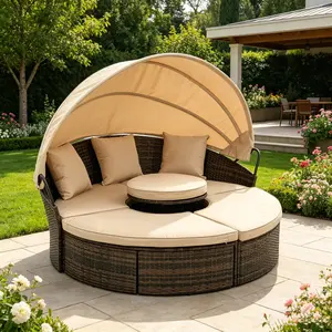 Outdoor Patio Round Daybed with Retractable Canopy, Brown Wicker Furniture Sectional Couch with Washable Cushions, Backyard, Porch