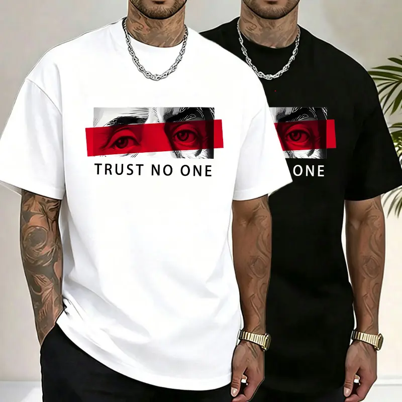 Men’s heavyweight pure cotton short-sleeve T-shirt with eye print, European/American dark street style, loose drop-shoulder fit, featuring a distinctive slogan graphic top
