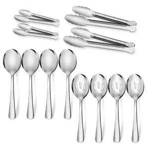 12Pcs Stainless Steel Serving Utensils Set, Slotted Spoons , Tongs, Cake Pie Server for Buffet, Wedding, Dinner (Silver) Kitchenware - Home Improvement.
